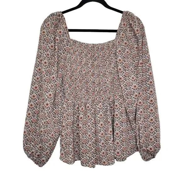 Hayden Smocked Puff Sleeve Floral Print Square Neck Peplum Blouse Women Sz S - Picture 6 of 9